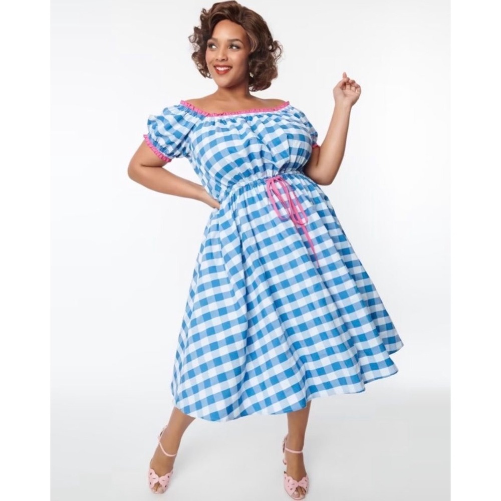 Unique Vintage Curve Blue & White Gingham Picnic Swing Dress Midi Size 2X Pinup